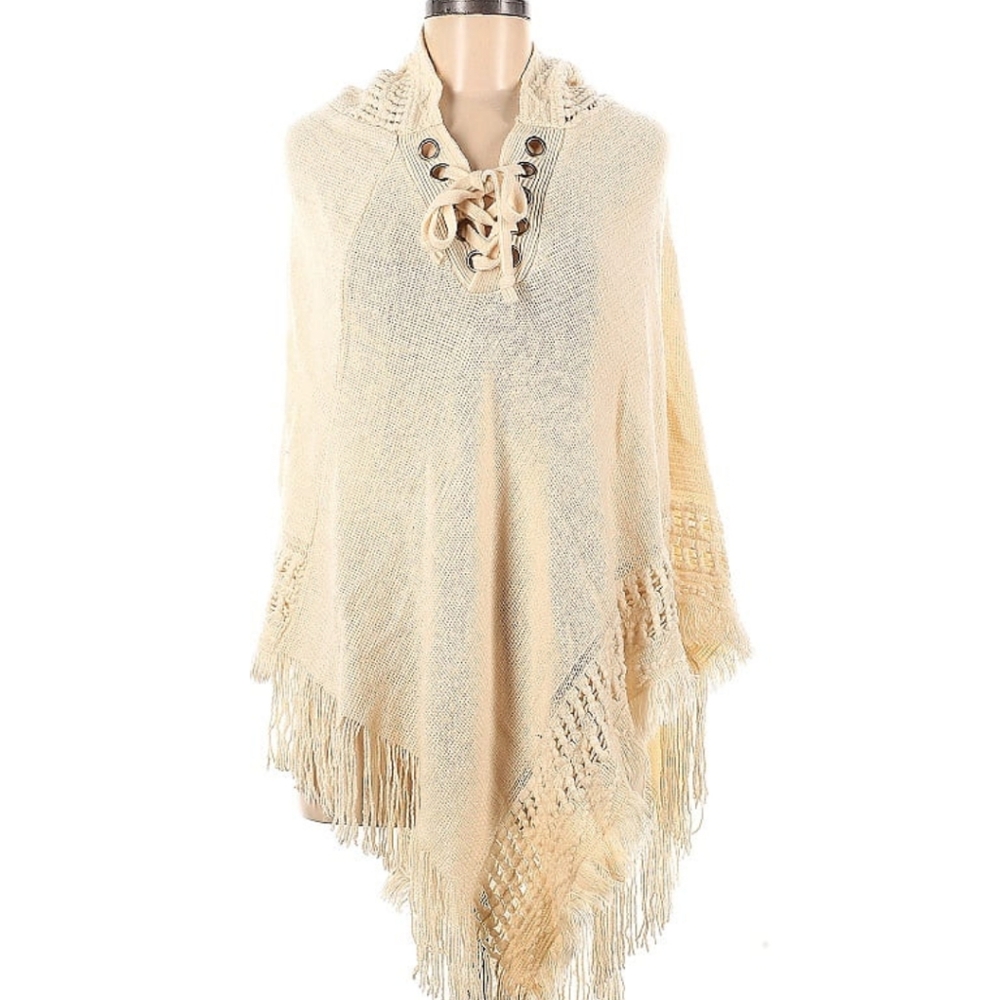 Elegant Cream Lace-Up Poncho With Hood.